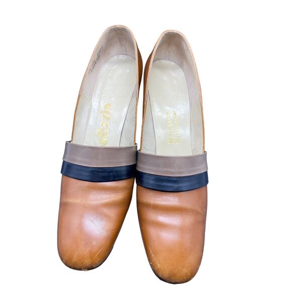 1960s Tri-Tone Leather Neutral Mod Heels Secretary Pump Baynhams Palizzio - Picture 2 of 10